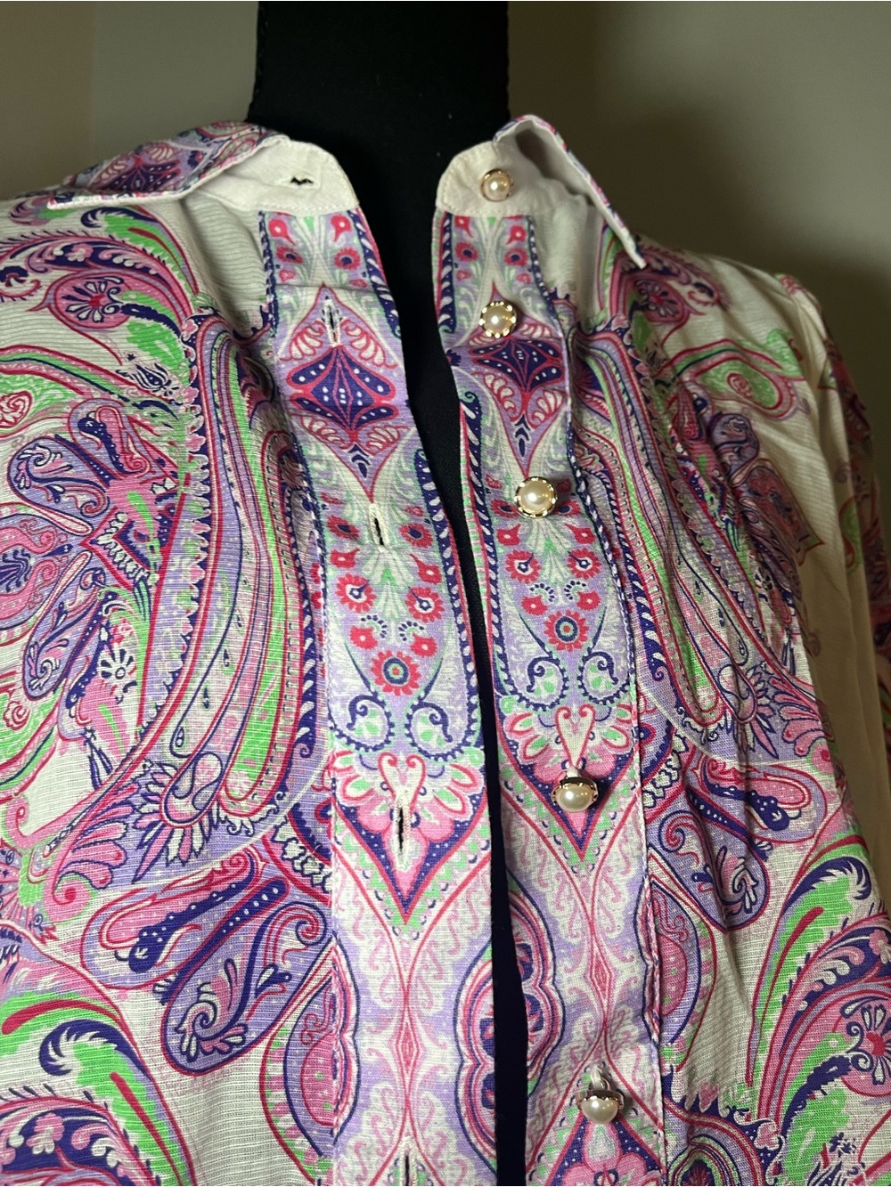 Boston Proper Paisley Button-Front Blouse in Pink, Purple & Green